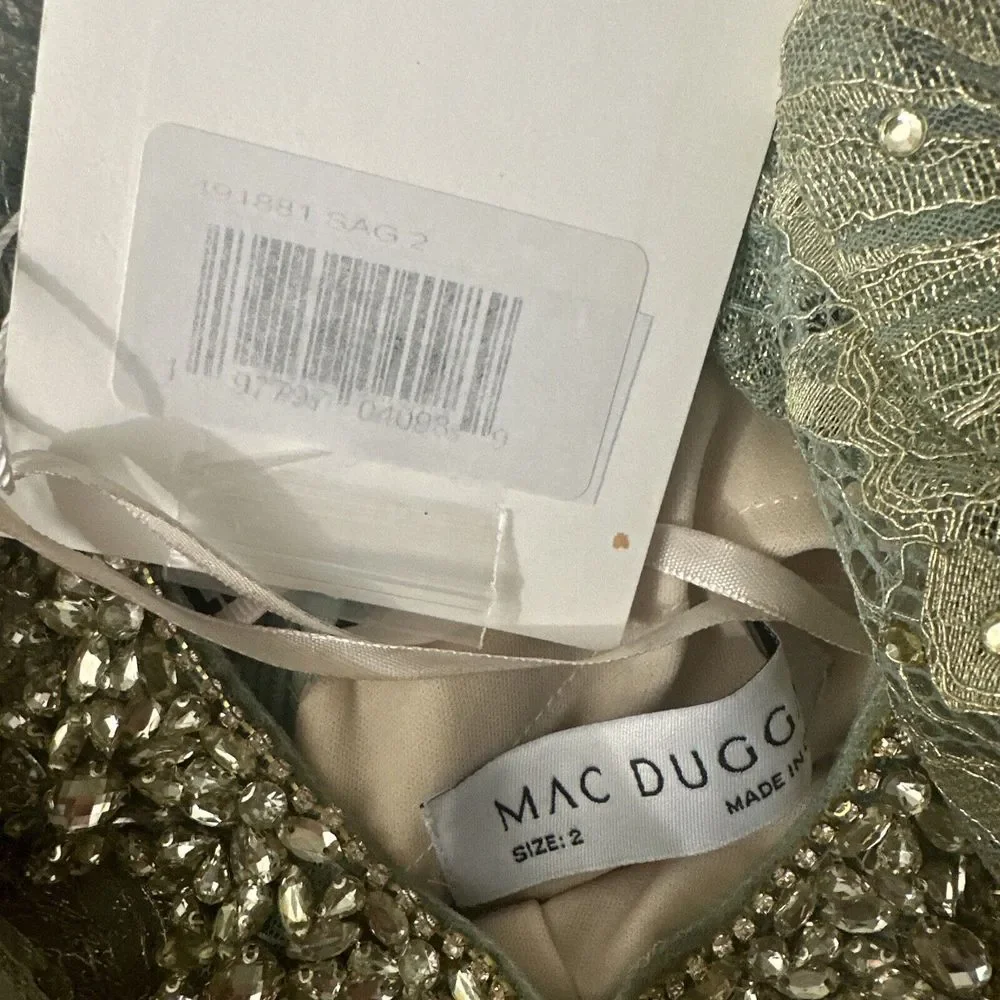 NWD Mac Duggal [ 2 ] 491881 Jeweled Long Sleeve Floral Lace Gown Sage Gold Q1023